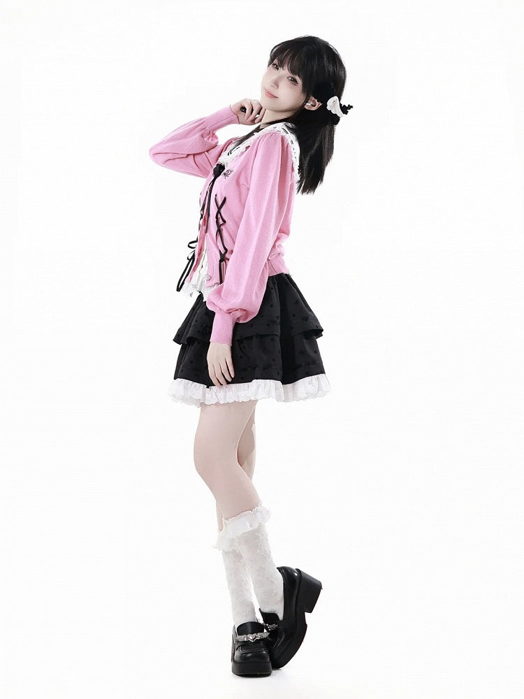 ピンクのレースアップディテール、フロントハートボタンプラケット、サマーニットカーディガン