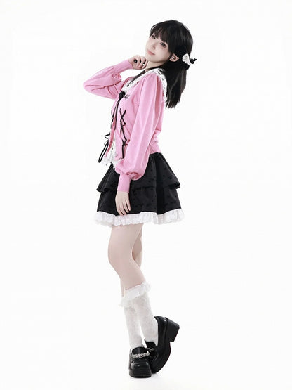 ピンクのレースアップディテール、フロントハートボタンプラケット、サマーニットカーディガン