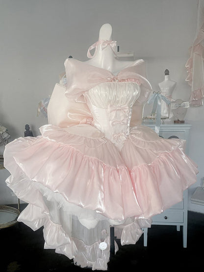 Dress Yellow Pink Lolita Bodice Details Balletcore Hime Bowknot on Strapless and