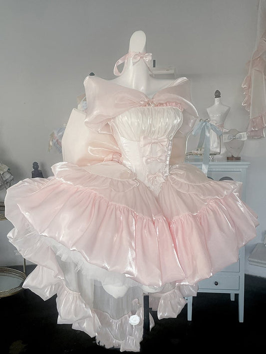 Dress Yellow Pink Lolita Bodice Details Balletcore Hime Bowknot on Strapless and