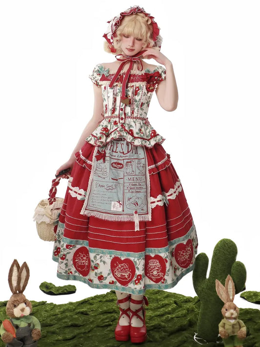 Apples Print Red and Green Cottagecore Lolita Top