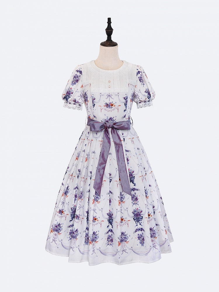 White-Purple Pansy Print Pleated Elegant Lolita OP Gown