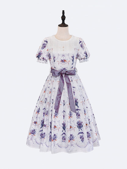White-Purple Pansy Print Pleated Elegant Lolita OP Gown