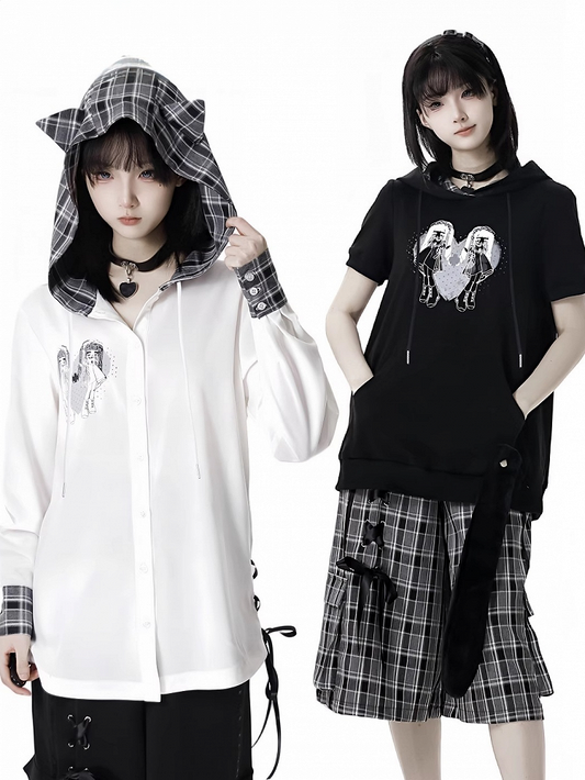 猫耳フードデザイン チェック柄サイドレースアップシフォンシャツ ホワイト