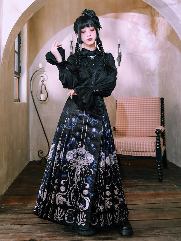 Luxury Silver Thread Brocade Mamian Skirt Featuring Blue Tears Jellyfish Marine Motif - Quirky Hut