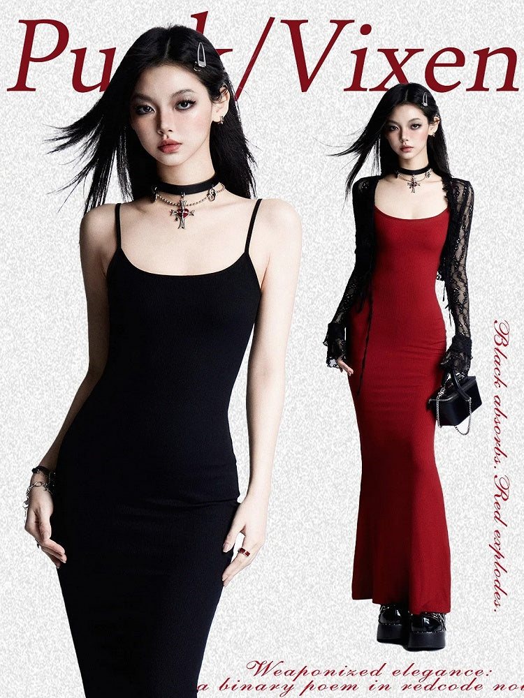 Glamouröses Spaghettiträgerkleid mit Rock im Boden, Schwarz/Rot/Blau, Länge Meerjungfrau