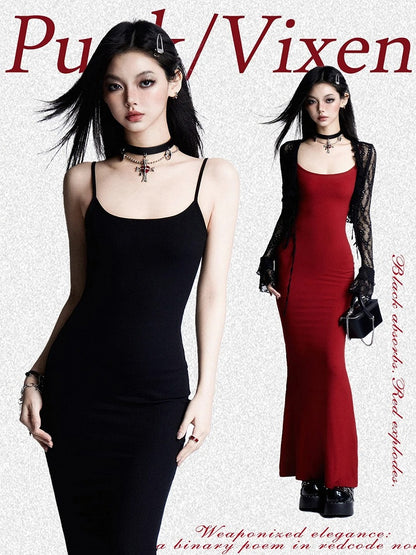 Glamouröses Spaghettiträgerkleid mit Rock im Boden, Schwarz/Rot/Blau, Länge Meerjungfrau