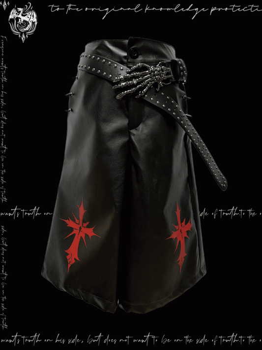 Cross Y2K Red Black PU Studded Glamorous Pattern Wide-Leg Pants