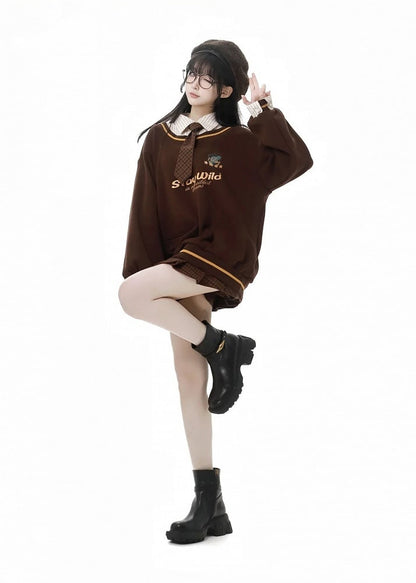 Coffee Plaid Pleated Skirt with Buckle Strap