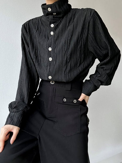 Lolita Shirt with Long Cuffs Sleeve Mandarin Textured Black Ouji Collar Button