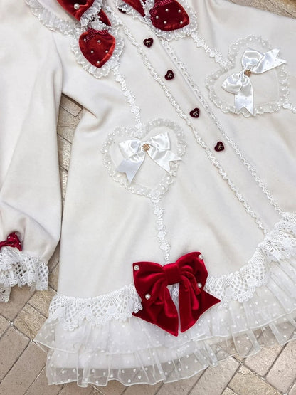White Red Velvet Lace with and Bows Trim Coat Lolita