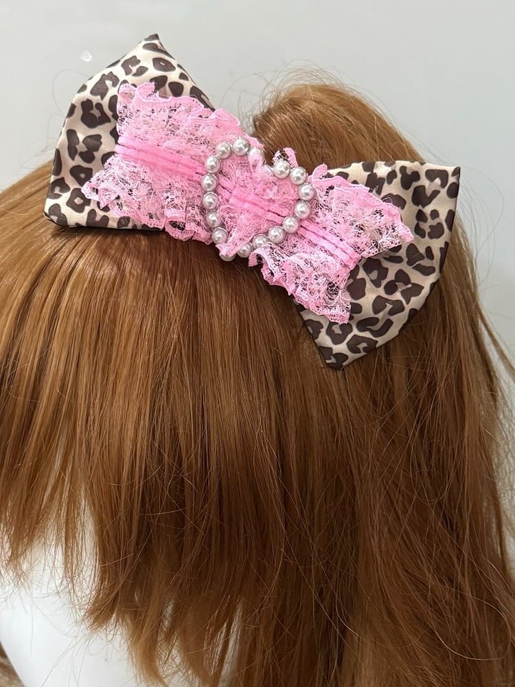 Pattern Pink/Black Leopard Beaded Bowknot Heart Decorated Hairclip