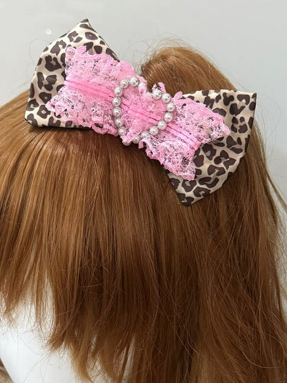 Pattern Pink/Black Leopard Beaded Bowknot Heart Decorated Hairclip