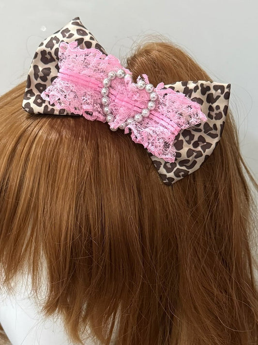 Muster Rosa/Schwarz Leopard Perlen Bowknot Herz verziert Haarspange