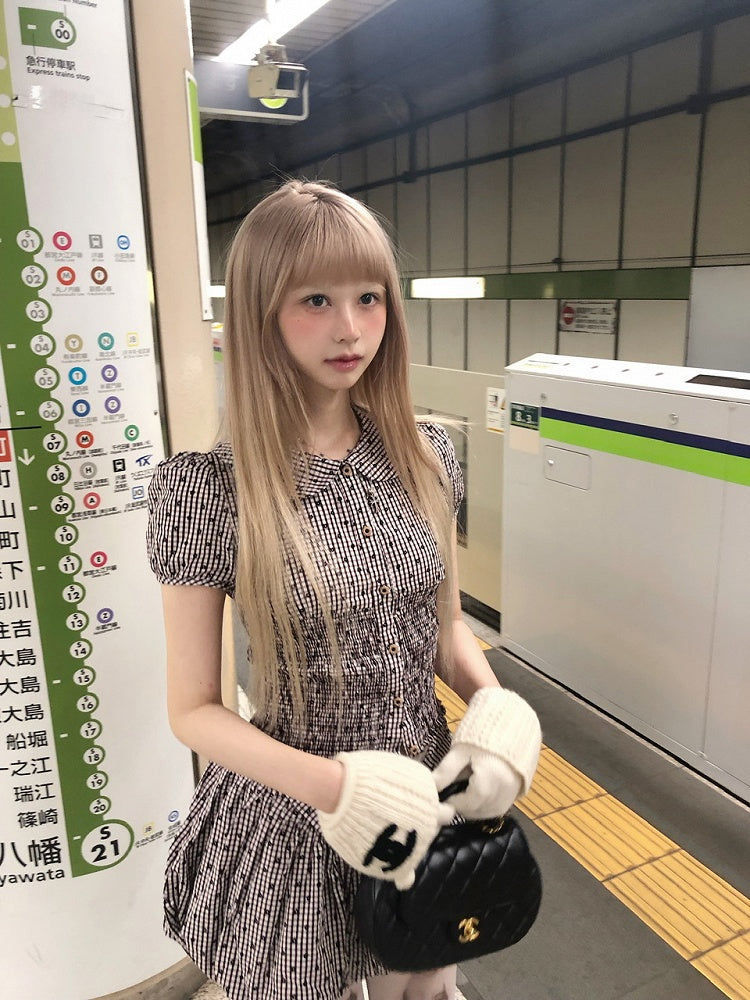 Pattern Collar Floral with Blouse Puff Short Plaid Sleeve Peter Pan