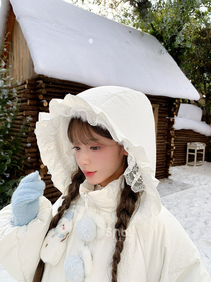 Cute Snowman Adorned White Hooded Puffer Down Jacket Bubble Silhouette