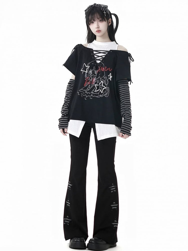 グラフィックTシャツ ネックライン フェイクツーピース グリーン/ブラック カットアウトショルダー レースアップ