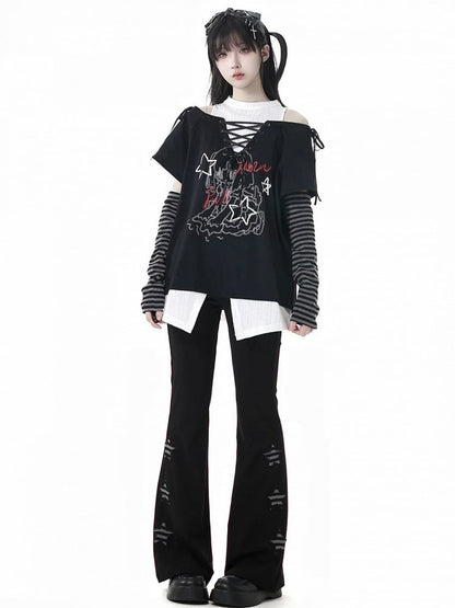 グラフィックTシャツ ネックライン フェイクツーピース グリーン/ブラック カットアウトショルダー レースアップ