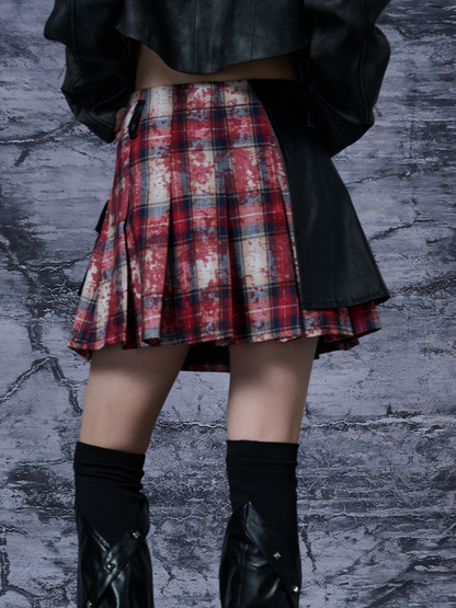 Skirt Asymmetrical Red PU with Black Accents Punk A-line Plaid