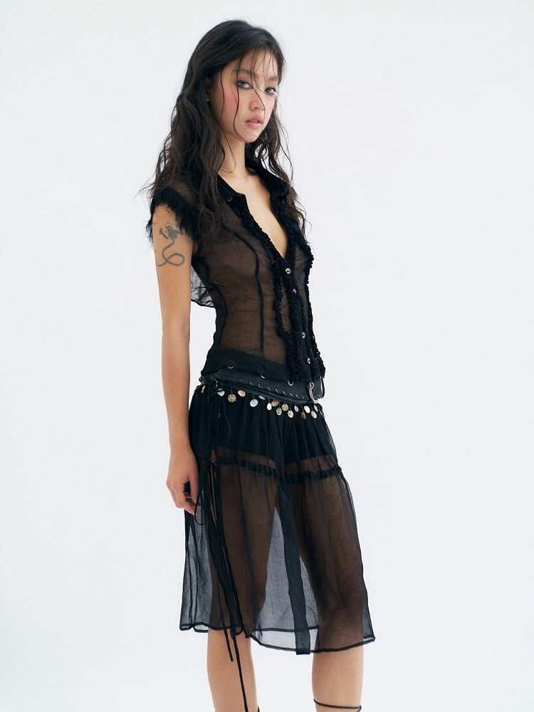 Sheer Black Fashion Irregular Punk Backless Trim With Top Sleeveless Mesh Ruffled