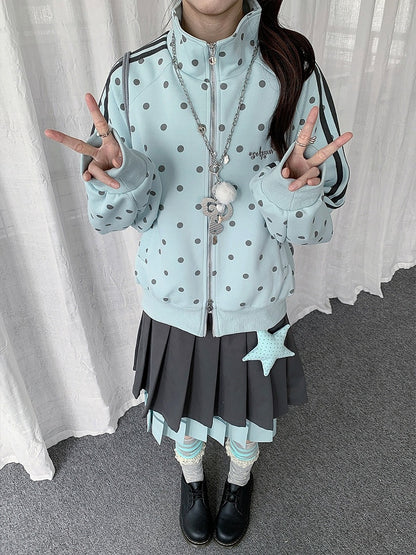 Blue Y2K Polka-Dot Zip-Up Jacket with Striped Accents & Stand Collar - Solkatt