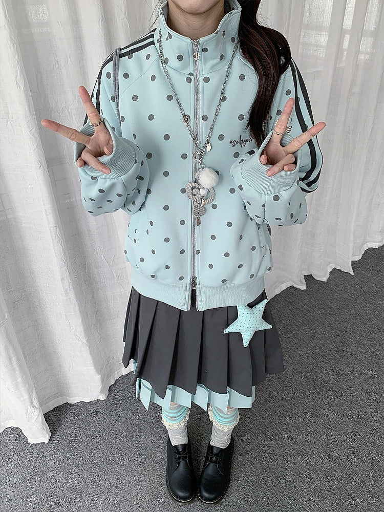 Blue Y2K Polka-Dot Zip-Up Jacket with Striped Accents & Stand Collar - Solkatt