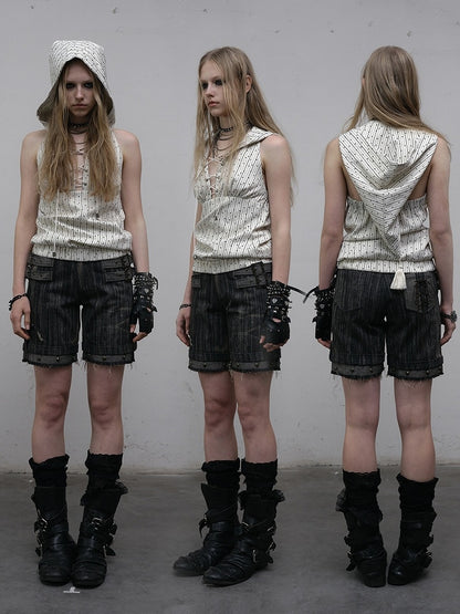 Black Details Shorts Wash Punk Wasteland Decorated Buckle Faded Studs