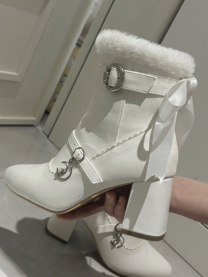 Block Removable Heel - in Bow Elegant PU Boots Interior White Plush High Collar with
