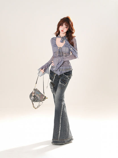 Semi-sheer Blue V-neck Self-tie Bowknot Neckline Top