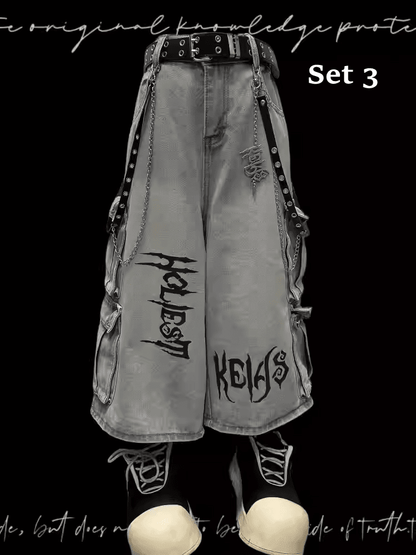 ジーンズフリーライトブルーパンクロックワイドレッグカーゴチャーム付き