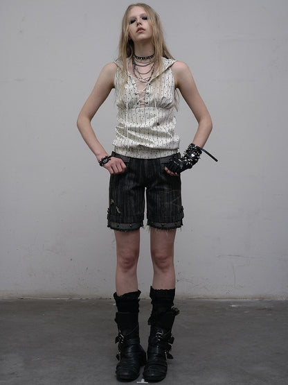 プリントトップ ホワイト スター柄 レースアップ ノースリーブ パーカー ストライプディテール