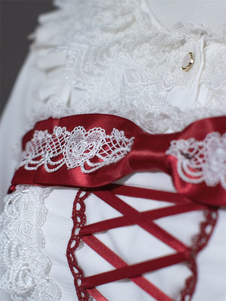 Weiß und Weinrot Schnürung Schleife Akzente Spitzenbesatz Süßes Prinzessinnenkleid Lolita Pulloverrock