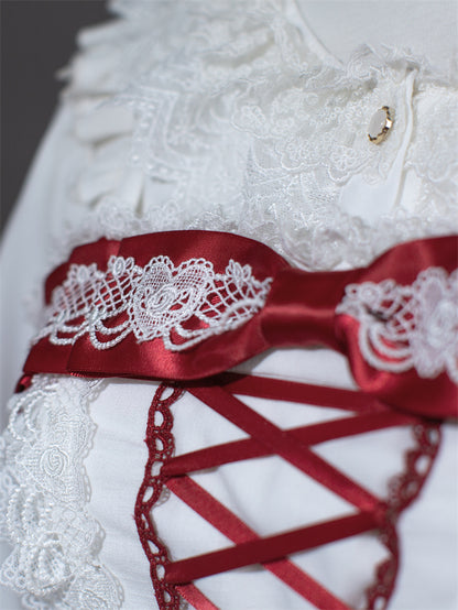 Weiß und Weinrot Schnürung Schleife Akzente Spitzenbesatz Süßes Prinzessinnenkleid Lolita Pulloverrock