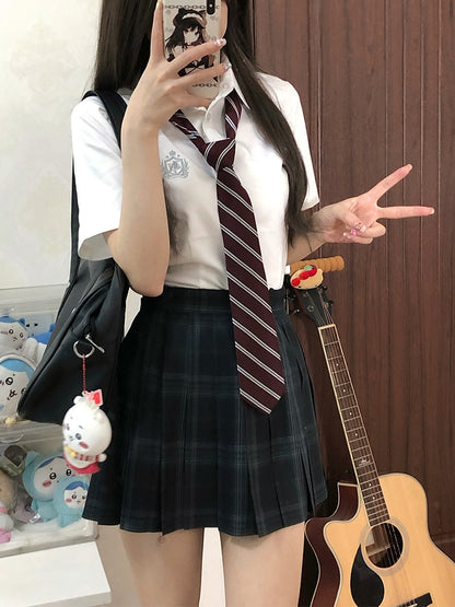 Preppy Embroidered Badge Shirt Short JK Style White Sleeves Uniform