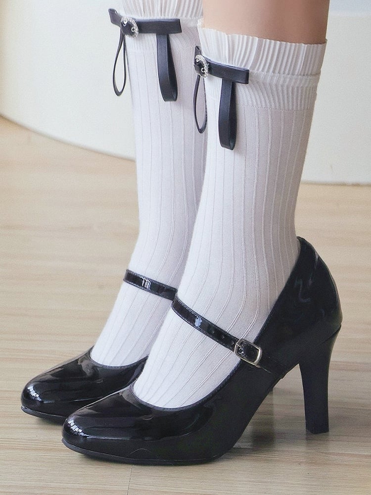 Leather Strap Design Classic Pointed in Mid-heel/High-heel Buckle PU Mary Black Janes Toe
