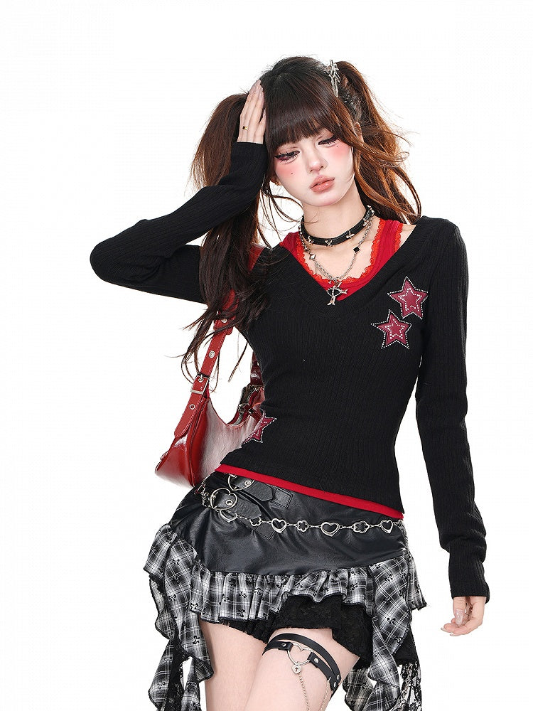 Black Blue/Black Red Rhinestone Star Glamorous Top