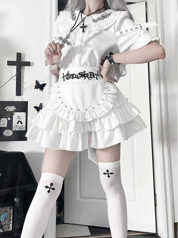 Straps Peter Pan White CollarBuckle Blousewith Sleeve Short Gothic Ruffled