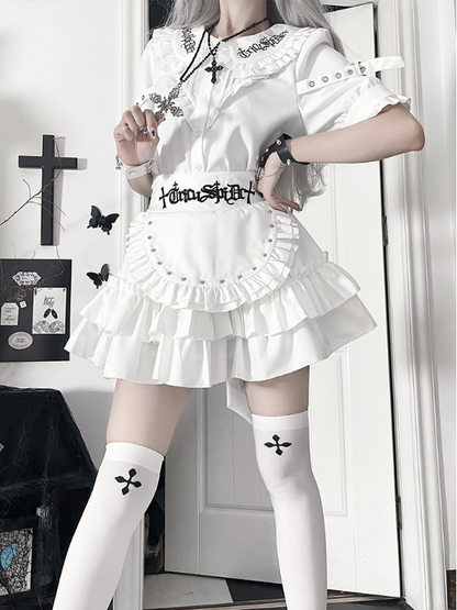 Straps Peter Pan White CollarBuckle Blousewith Sleeve Short Gothic Ruffled