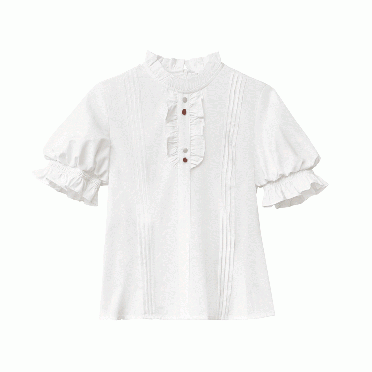 Puff Sleeves Blouse with White Pleating Details Neckline Ruffle