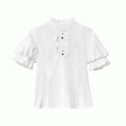 Puff Sleeves Blouse with White Pleating Details Neckline Ruffle