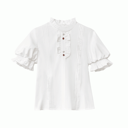 Puff Sleeves Blouse with White Pleating Details Neckline Ruffle