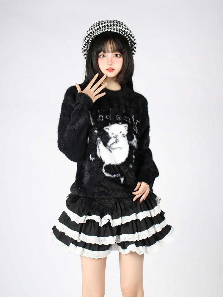 Cozy Kitten Furry Sweater - Perfect for Fall and Winter Black/White