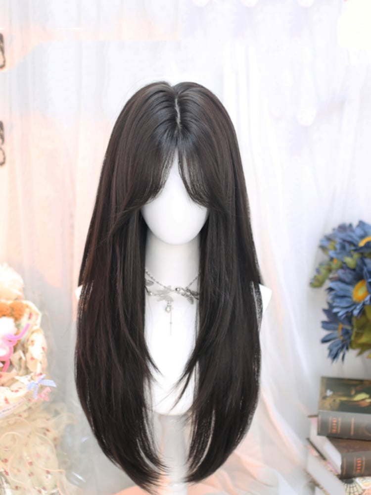 Schwarze, glatte Unterbrustperücke mit Vorhangpony