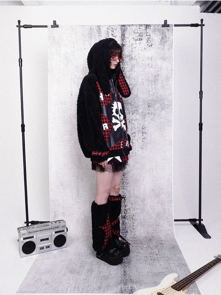 Ear Plaid Panel Adjustable Black Straps Cuff with Bunny Coat Red