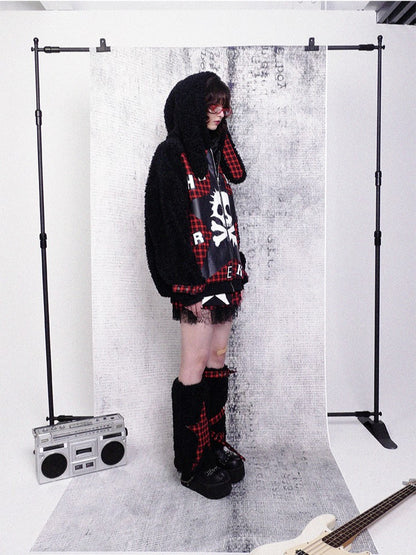 Ear Plaid Panel Adjustable Black Straps Cuff with Bunny Coat Red