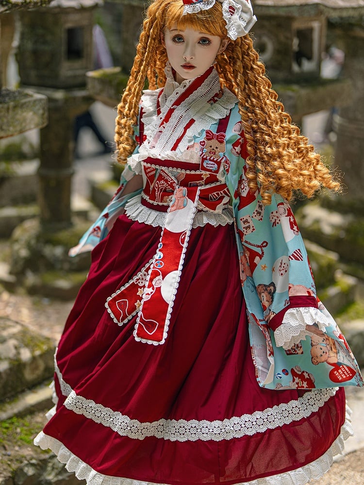 Wa Print + Bear Top Crossover Lace Dress Design Lolita Set Blue JSK Trimmed Red