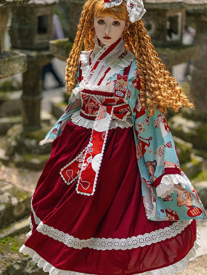 Wa Print + Bear Top Crossover Lace Dress Design Lolita Set Blue JSK Trimmed Red