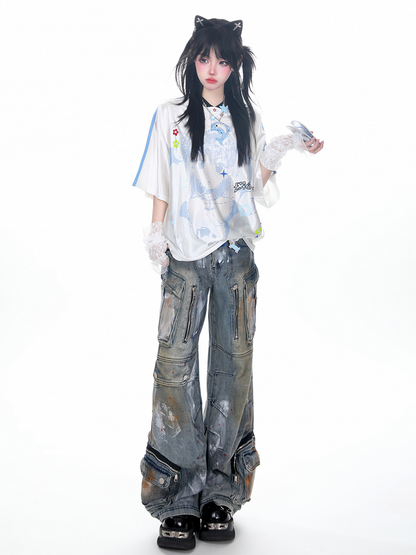 T-Shirt White V-Neck Cartoon Girl Print