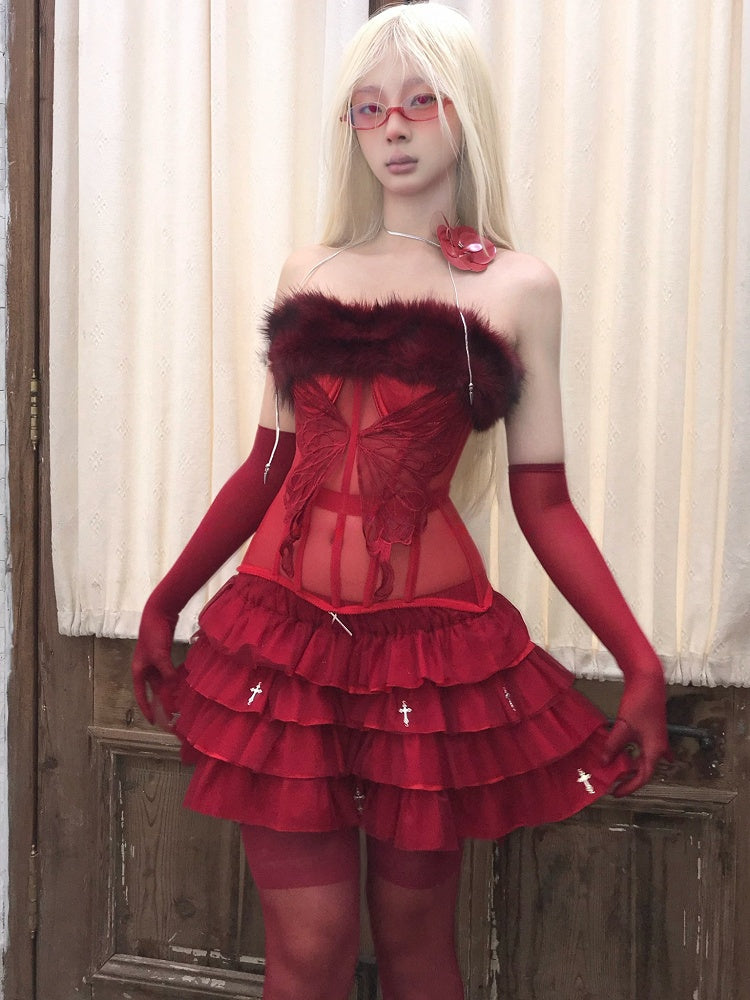 Gothic Red Cross Charms Tiered Tulle Skirt with Built-in Shorts