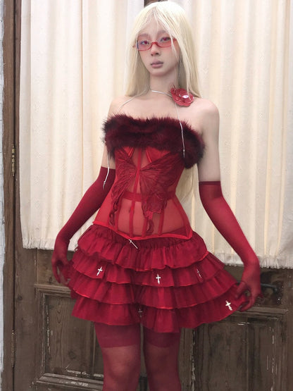 Gothic Red Cross Charms Tiered Tulle Skirt with Built-in Shorts